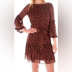 Danny & Nicole chiffon ruffled sleeve Brown Dress with Pink Polka Dots
